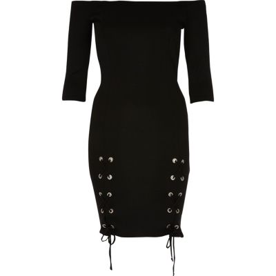 Black lace-up split bardot bodycon dress